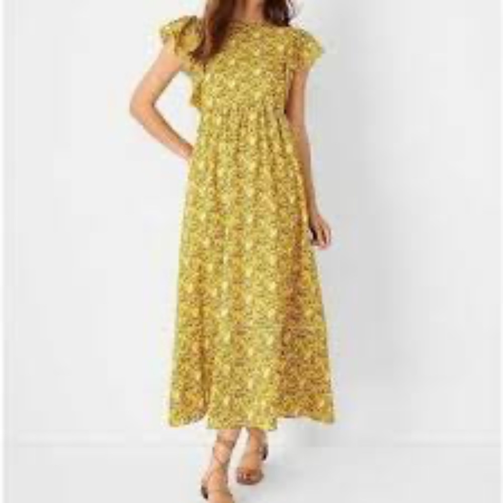 Ann Taylor Maxi Dress Medium Yellow Palm Tree Print Ruffle Sleeve Tropical NWOT